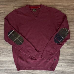 Barbour Men's Maroon V-Neck Sweater with Tartan Plaid Elbow Patches szS